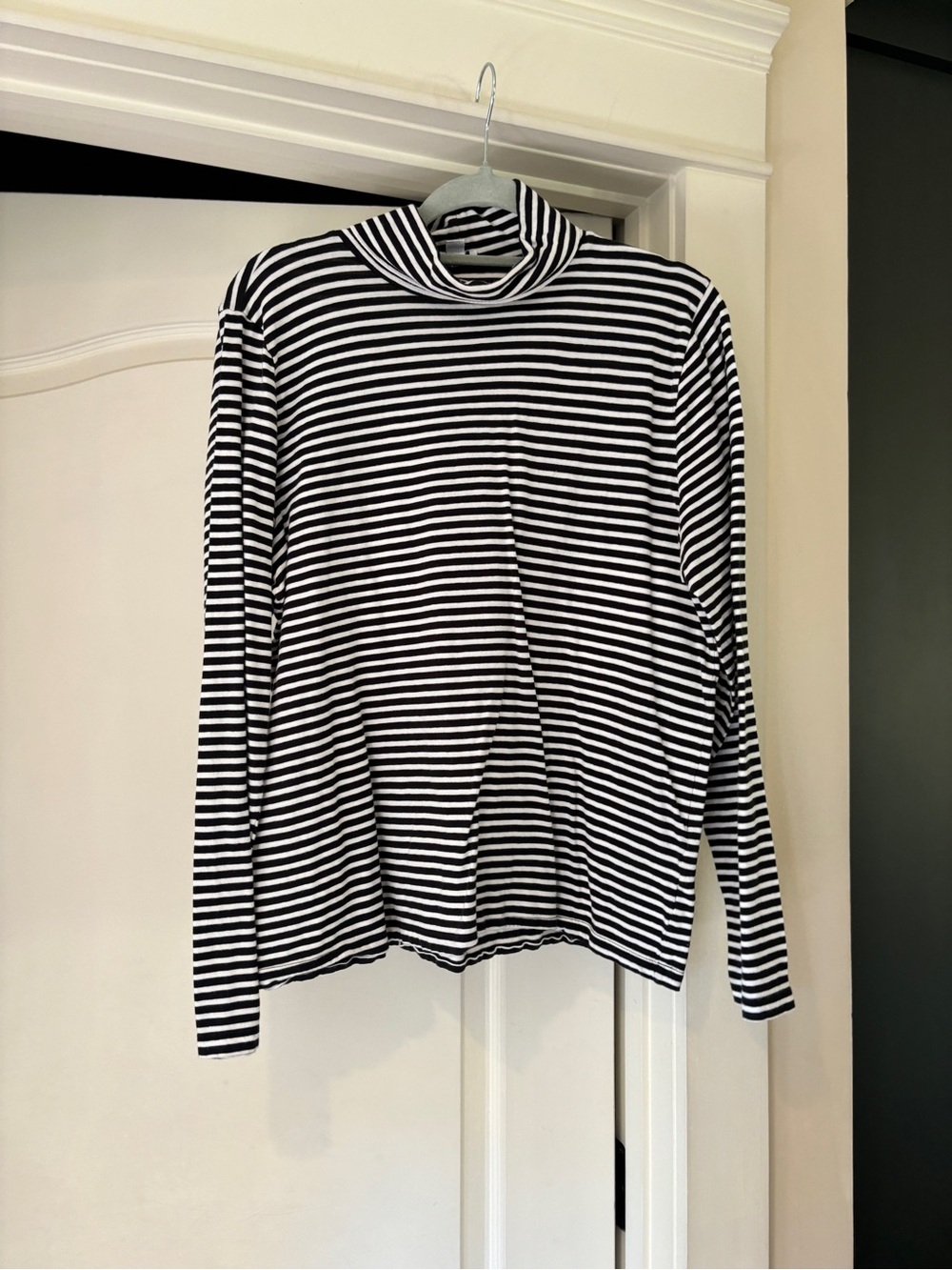 J. Crew Black and White Striped Long Sleeve Mock Neck